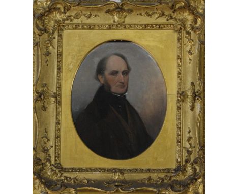 English School (19th Century) Half length portrait of a Gentleman Oil on board, oval Unsigned 34cm x 27.5cm