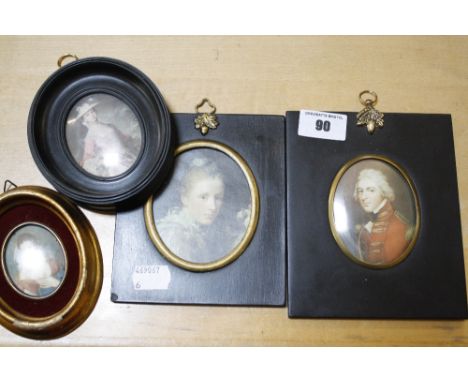 19th Century School Miniature half length portrait of a lady Watercolour Signed Iris 5cm x 3.5cm; And three miniature prints 