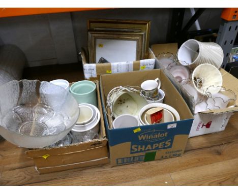 Four boxes of planters, light shades and picture frames 