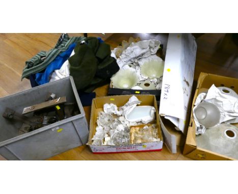 Vintage light fittings, glass lamp shades, chandelier parts and box of vintage clothes 
