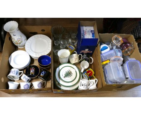 Three boxes of glassware, Wedgwood plate, Aynsley vase, Harry Potter mugs and bowls, Spode Christmas tree plates, Frosty Jack