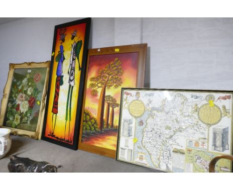 Floral print, two African prints and map of Cumberland in Hogarth style frame