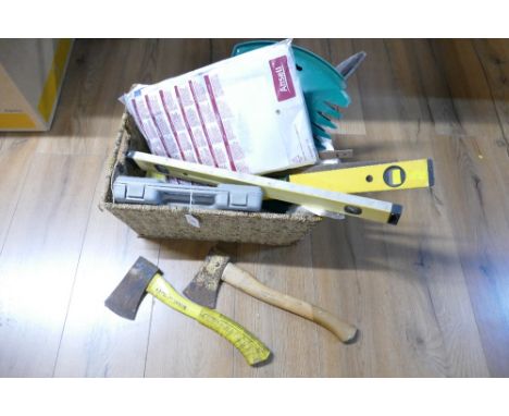 Basket of tools, spirit levels, clamps, shears, silicone sealant etc 