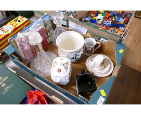 Vintage watercolour tin, matchboxes, decanters, commemorative ware, Polaroid Land camera mug, Masons Chartreuse planter etc