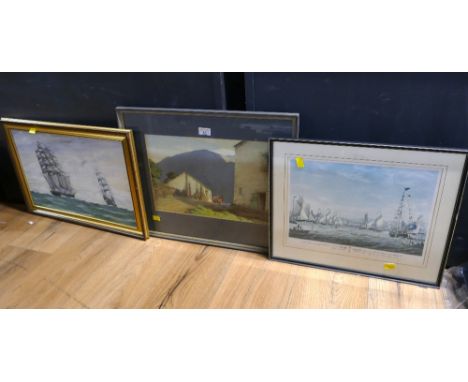 William Heaton Cooper Lakeland farm print and 2 pictures of tall ships 
