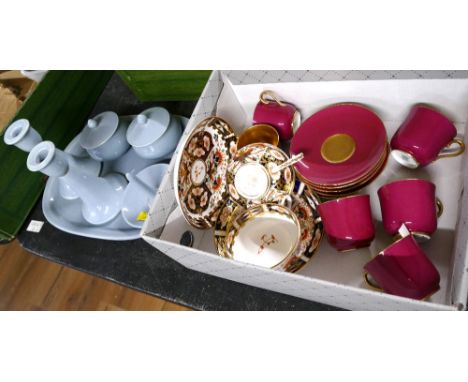 Blue pottery dressing table set, Coalport coffee cups and saucers, early Imari pattern tea cups and saucers