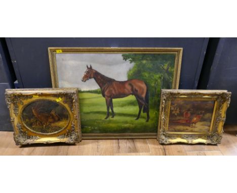 Horse oil painting by J McCowen, 66 cm x 50 cm, and pair of game bird in ornate frames 