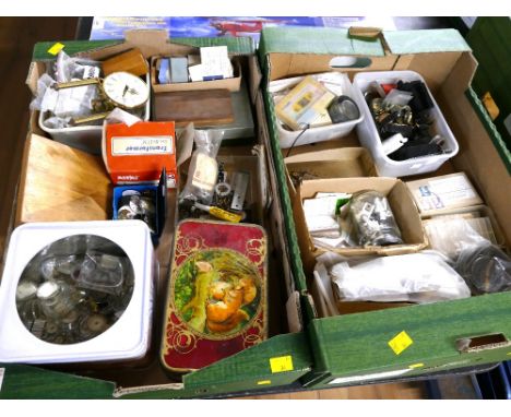Two boxes of watch and clock repairing equipment, faces, glass domes, screws, straps, tools, parts etc 