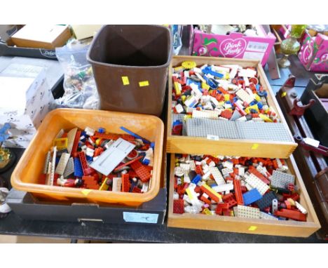 Three boxes of Lego, plastic army figures and plastic farm animals 