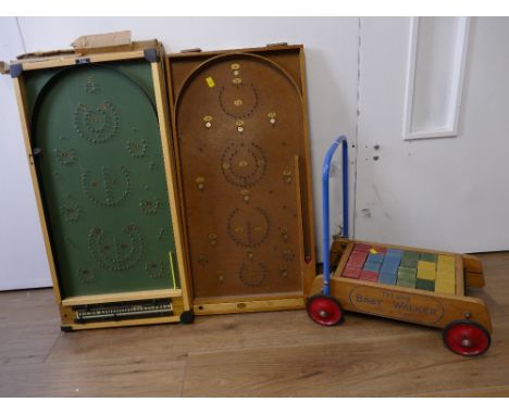 Triang baby walker and two bagatelle boards by Chad Valley and Kay of London