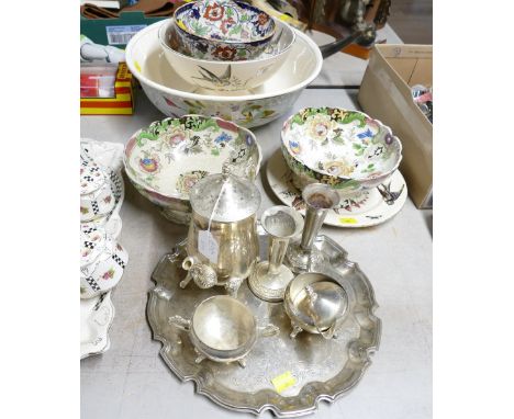 Ceramic rum butter bowls, wash basin and plated coffee set, candlesticks etc 
