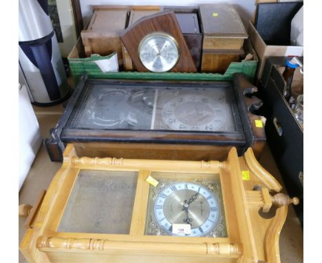 Two wall clocks, barometer and four jewellery boxes 