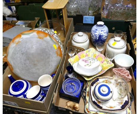 Three boxes of glass light fittings, Midwinter stoneware butter dish, blue and white Delft vase, tea clipper by Whittard teap