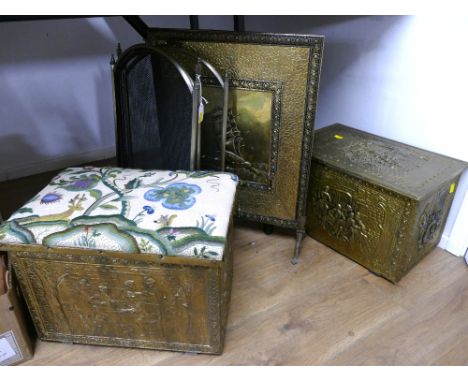 Two log boxes, folding firescreen and firescreen  