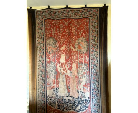 AN EXCEPTIONALLY LARGE EARLY 20TH CENTURY ARTS AND CRAFTS WALL HANGING TAPESTRY,after 'The Lady and the Unicorn”, France circ