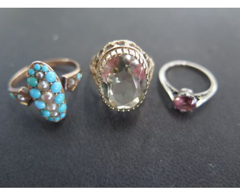 Three 9ct gold rings, one yellow gold with turquoise and pearls size P/Q, one yellow gold with oval cut citrine ring size Q -