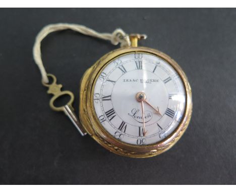 A gilt metal paired case pocket watch by Isaac Rogers of London circa 1760 the white enamel dial with Roman numerals, Arabic 