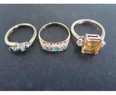 Three 9ct yellow gold rings sizes I, M & M - approx total weight 7.5 grams - some light usage marks 