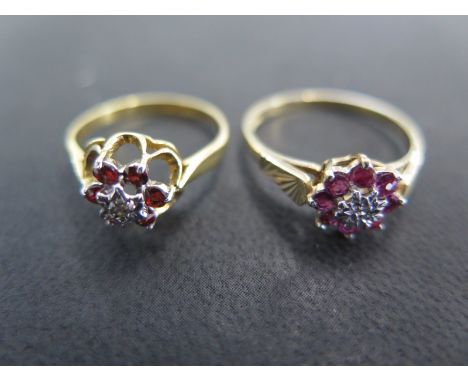 A 9ct yellow gold diamond and ruby cluster ring size P - approx weight 2 grams and an 18ct yellow gold diamond and ruby clust