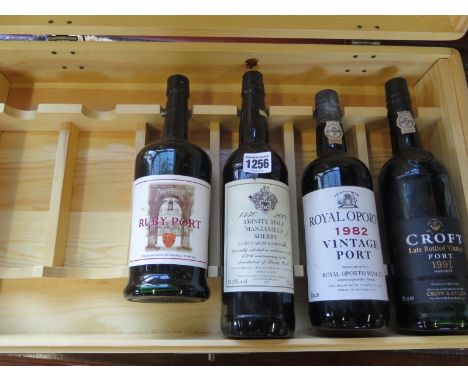 A bottle of Peterhouse Ruby Port, a bottle of Trinity Hall 2000 Manzanilla Sherry and a bottle of Croft late bottled Vintage 