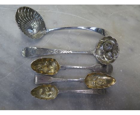 Three Georgian silver berry spoons, a berry ladle and a strainer spoon - approx weight 4.4 troy oz - all in fair condition 