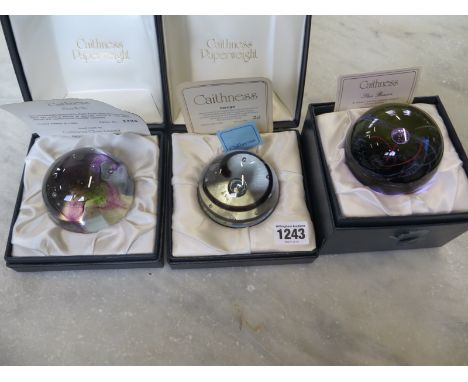 Three boxed Caithness Special Edition paperweights including Star Beacon Ed no 227, Sea Kelp Ed no 1220 and Vertigo Ed no 20 
