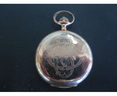 A 14ct golf full Hunter pocket watch, white enamel dial with Arabic numerals, subsidiary seconds at 6 o'clock - total weight 