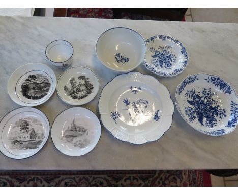 Nine items of early tea ware including an 18th century Robert Hancock black and white printed dish, four Worcester blue and w
