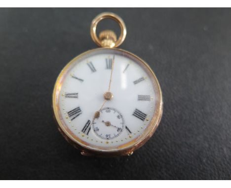 A 15ct yellow gold cased open faced ladies pocket watch, Roman numerals to white enamel dial, subsidiary seconds at 6 o'clock