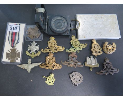 Eleven British Army cap badges, a silver fob, two German World War One Honour Cross Medals, a white metal cigarette case and 