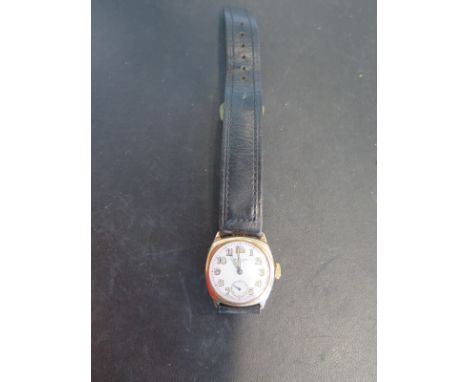 A Benson 9ct wristwatch on leather strap with Arabic numerals on white enamel dial with subsidiary seconds at 6 o'clock - run
