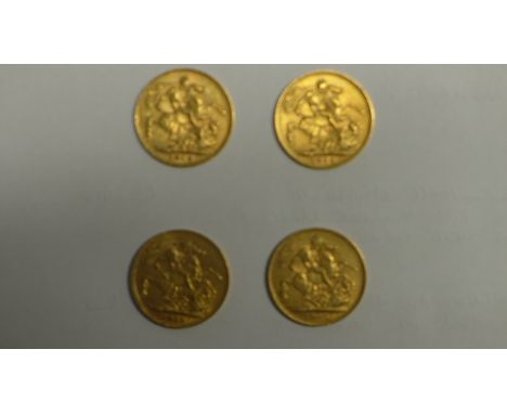 Four full Sovereigns - Three Edward VII dated 1905, 1910 and 1910 and one George V dated 1911 - all have light scratches 
