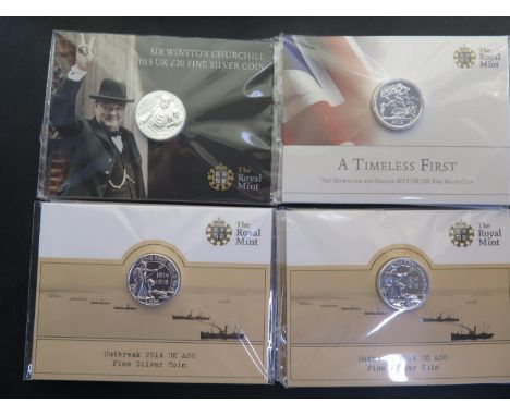Thirteen twenty pound fine silver coins including 3 Sir Winston Churchill , 4 A Timeless First examples and 6 Outbreak 1914-1