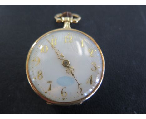 An 18ct yellow gold cased open faced ladies pocket watch with Arabic numerals to enamel dial - the back engraved Lister and S