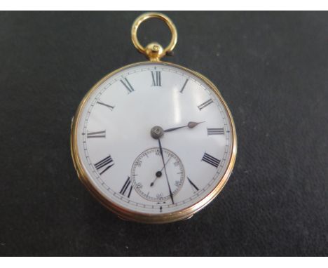 An 18ct yellow gold cased open faced pocket watch with Roman numerals to white enamel dial, subsidiary seconds at 6 o'clock -
