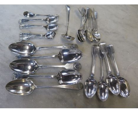 Four hallmarked fiddle back serving spoons and one plain, various hallmarked dessert spoons, teaspoons and ladle - approx tot