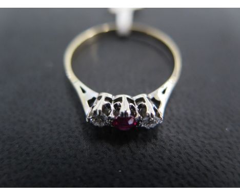 An 18ct yellow gold and platinum ruby and diamond ring size S/T - approx weight 2.1 grams - some light surface scratches 