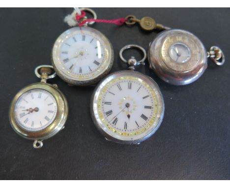 Four silver faced ladies pocket watches, three open faced with Roman numerals, one half Hunter with Roman numerals to white e