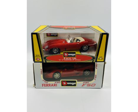 Two boxed metal die cast cars; Burago Jaguar 'E' Cabriolet 1961, 1:18 scale; together with a Burago Ferrari F50, 1:18 scale, 