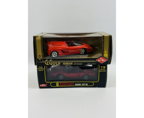 Two boxed metal die cast cars; Anson Ferrari 328 GTS, 1:18 scale; together with a Guiloy G.Gold Ferrari Mythos, 1:18 scale, 3