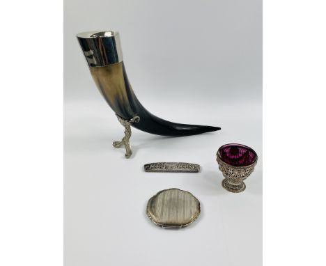 A large decorative silver plate mounted horn,together with a glass lined pierced pedestal basket,a ladies mirror compact and 