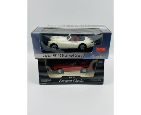 Two boxed metal die cast cars; ERTL 1966 Ferrari 275 GTB 4, 1:18 scale; together with a Sun Star Jaguar XK140 Drophead Coupe,