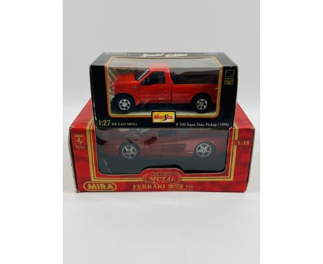 Two boxed metal die cast cars; Mira Ferrari 512 TR Testarossa 1991, 1:18 scale; together with Maisto F-350 Super Duty Pickup 