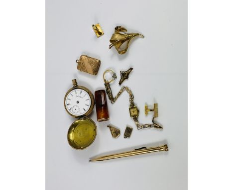 A collection of various gold filled and plated items,to include a pocket watch,propelling pencil,cuff links,cheroot holder,et