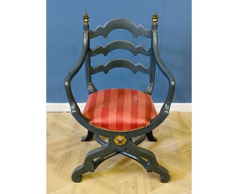 An early 20th century antique style blue painted X frame chair, with a wavy ladder back and shaped cross stretcher to the bas