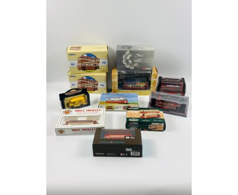 A collection of various die cast models of buses, trams by Corgi; Days Gone, Bachmann, and a Tower Trams 1:76 scale plastic m