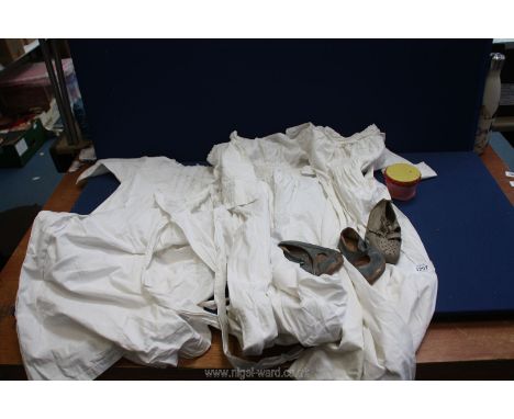 Three vintage white cotton and lace children's night dresses, a pair of leather Startrite shoes and one odd one.