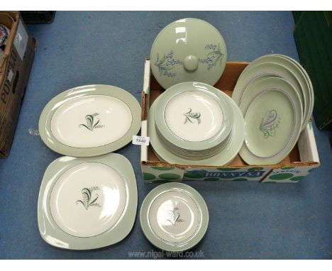 A quantity of Spode Olympus and Moondrop dinner plates, meat plate, lid and other plates.