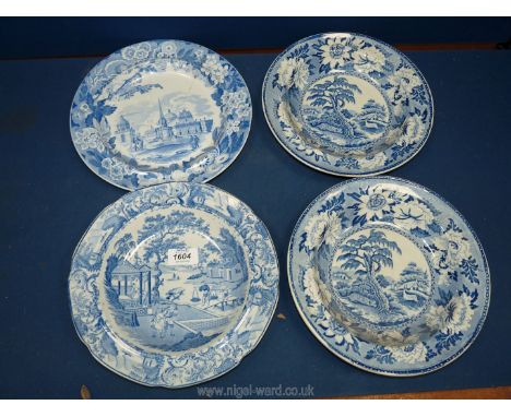 One dinner and three soup plates in blue and white china of various patterns and makers including Wedgwood etc, some repairs 