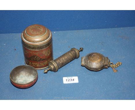 A small quantity of miscellanea including ornate tea Caddy, pierced work metal scroll/incense holder, etc.